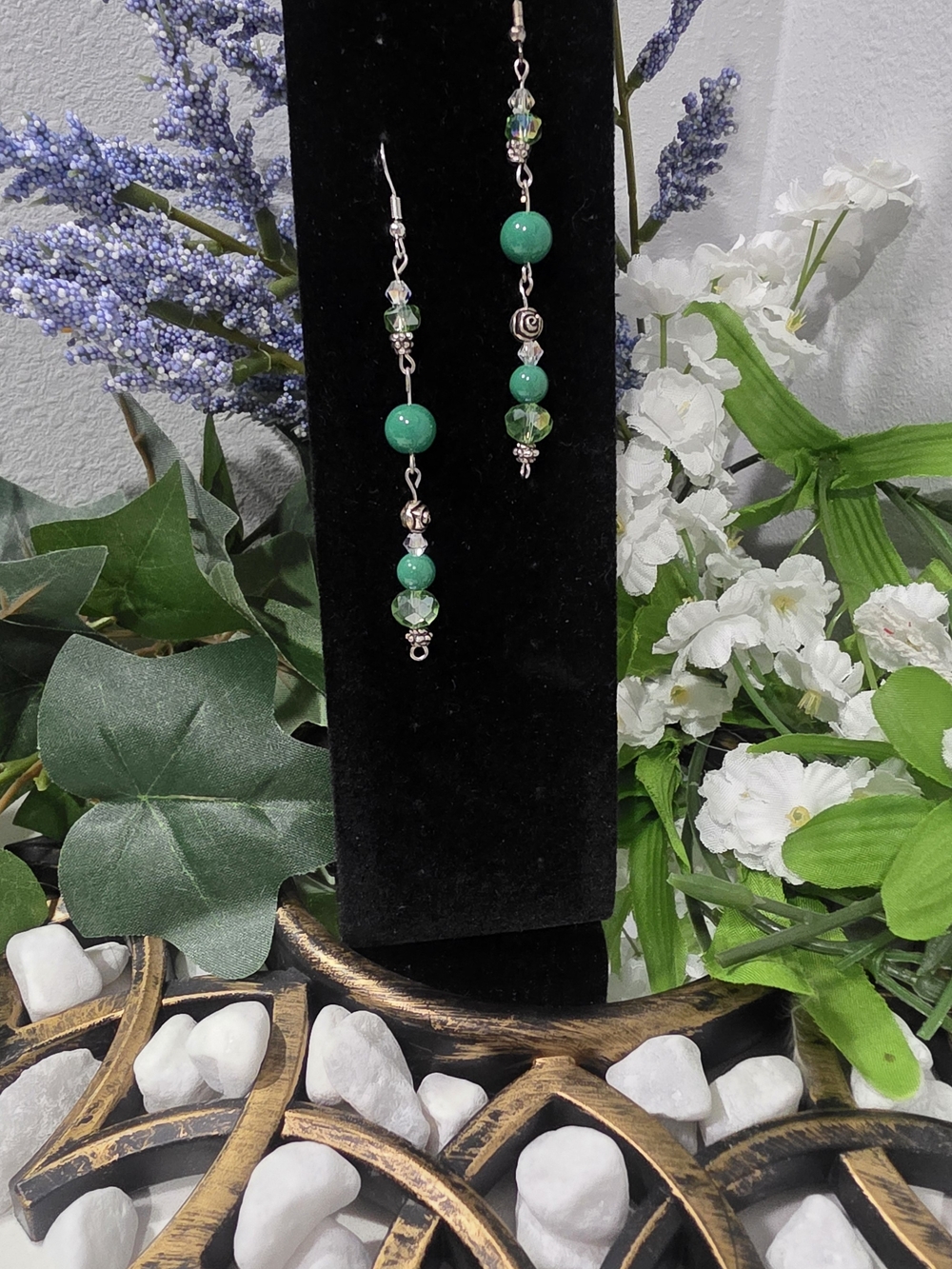 Hand Crafted Green Beaded Dangle Earrings with Silver Accents